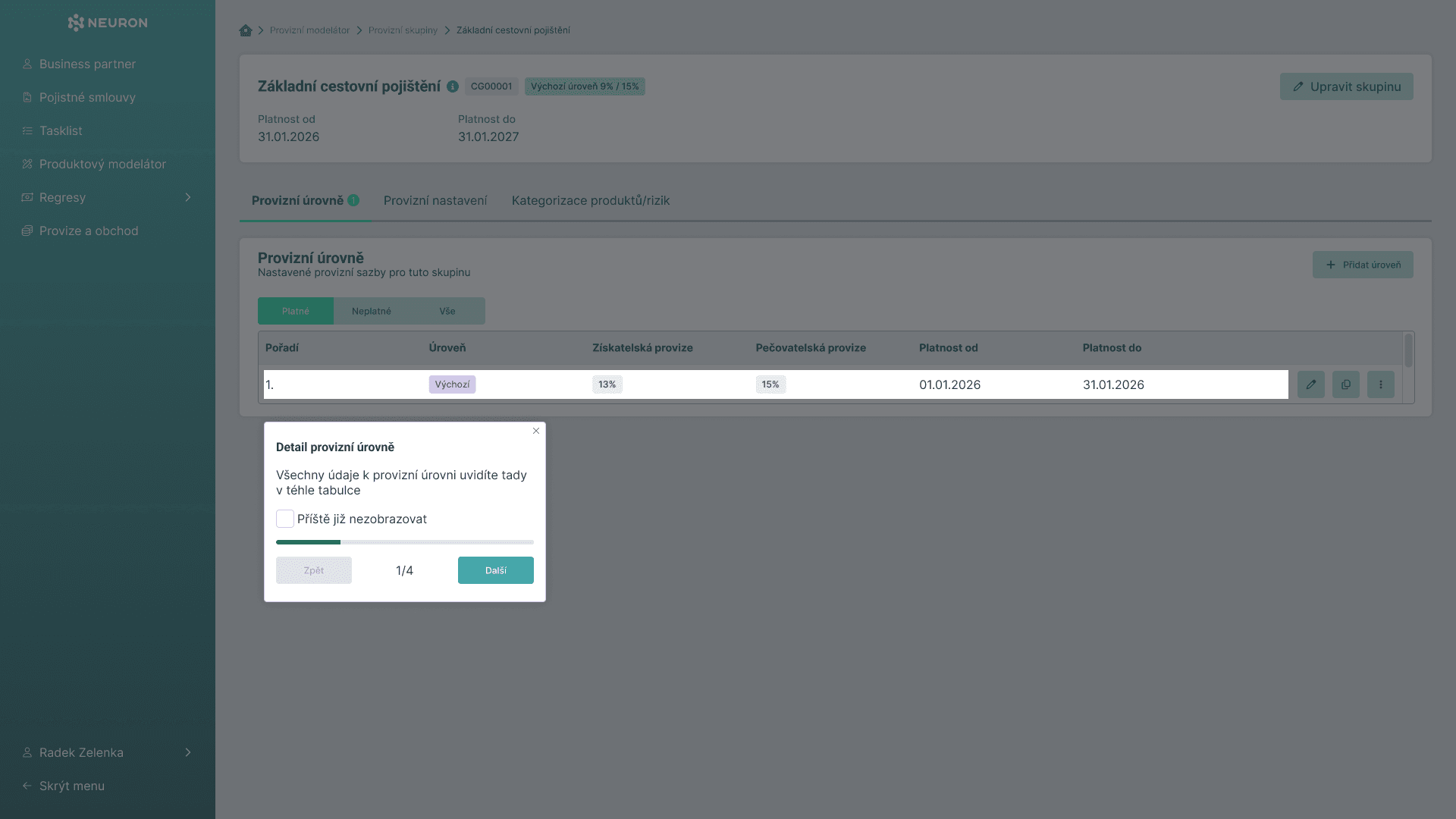 Ukázka onboarding – zobrazení onboarding popovers na stránce Základní cestovní pojištění s překrytím a popoevrem s navigací kroků